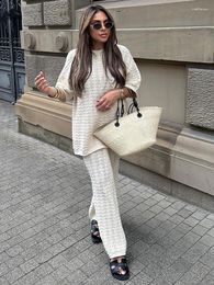 Women's Two Piece Pants Women Chic Crochet Hook Knitted 2 Set Casual O Neck Short Sleeved Shirt Loose Suit 2023 Autumn Lady Fashion Outfit