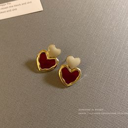 Stud Trendy Sweet Burgundy Enamel Heart Earrings for Women Girl Gold Colour Metal Love Hanging Dangle Vintage Jewellery 230814