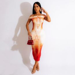 Casual Dresses Cutubly Orange Off The Shoulder Prom Printed Sleeveless Bodycon Party Dress For Women Fashion Slim Fit Backless Vestidos