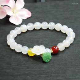 Strand Natural White Jade Marrow Hand Chain Agate Dongling Lotus Peng Bracelet