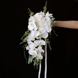 Wedding Flowers JaneVini 2023 White Waterfall Bouquet For Bride Silk Artificial Moth Orchid Rose Bridal Hochzeit Zubehor