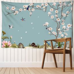 Tapestries Spring Flowers Birds Illustration Wall Tapestry Painting Landscape Wall Hanging Tapestry Home Decor Table Cover Tapestry