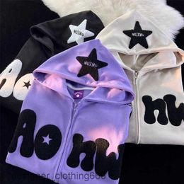 Y2k zip up hoodie Women Harajuku American-style retro High Street Embroidery stars Zipper hoodie loose lazy style chic coat top