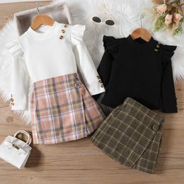 2-8year Girls Autumn and Winter Suit Solid Color Pit Strip Flying Sleeve Long-sleeved Top Irregular Plaid Skirt 2-pieces Sets