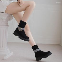 Boots Lolita Style Pink Flock Stretch Fabric Ankle Princess Bling Belt Block 5cm High Heels Party Shoes Women Autumn Winter 2023