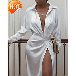 Casual Dresses Satin Silk Sexy Dress Long Sleeve Party Women Night Club Soft Autumn Solid Split