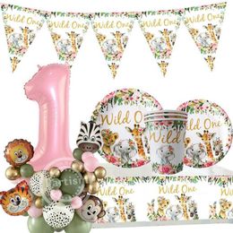 Decoration Pink Wild One Animal Themed Paper Plates Cups Banner with Wild Animal Balloon Tower for Girl's Jungle Birthday Decorations