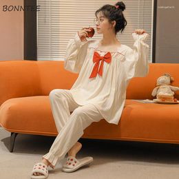 Women's Sleepwear Pyjama Sets Woman Casual Home Warm Ladies Bows Trendy Korean Style Simple Daily Ins Soft Solid Cute Bedroom Spring Design