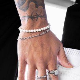 Strand Punk Men Beaded Bracelet Stainless Steel Pearl Chain Bracelets Bangle For Male Women Hiphop Trendy Couple Men's Jewellery Gift