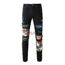 Men's Jeans New Arrival Distressed Mens Bla Holes TieDye Printing Patchwork Stars Patches Stretch Skinny Jeans J230814