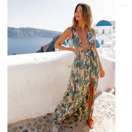 Casual Dresses Summer Beach Maxi Dress Women Floral Print Boho Long Chiffon Cover Up Cutout Wrap V-Neck Sexy Wear