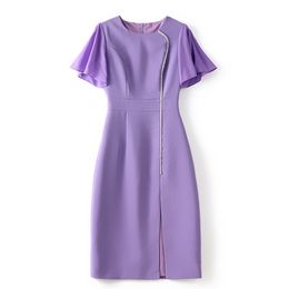 2023 Summer PurpleSolid Colour Dress Short Sleeve Round Neck Knee-Length Casual Dresses W3L043301