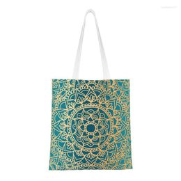 Shopping Bags Green And Gold Mandala Pattern Bag Women Canvas Shoulder Tote Durable Buddha Buddhism Flower Grocery Shopper