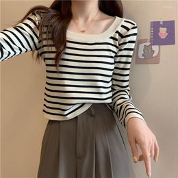 Women's Blouses Knitted Blouse Top Women Square Collar Striped Long Sleeve Ladies Tops Korean Style Autumn Minimalist Shirts Pullover