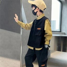 Clothing Sets Boys' Workwear Set 2023 Spring And Autumn Children's Vest Shirt Pants 3 Piece Fashion Solid Cotton Long Sleeve Trend Suit