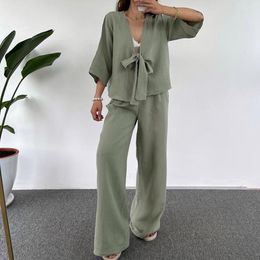 Women's Two Piece Pants Simple Casual Solid Cardigan Sets Spring Tie-up Bow V Neck Top & Long Pyjamas Set Women 3/4 Sleeve Homewear Suit