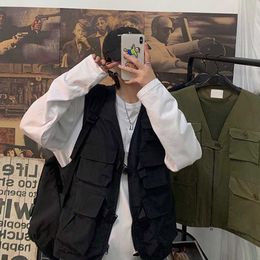 Men's Vests 202ens Fashion Tooling Vest Men Streetwear Cargo Hip Hop Sleeveless Jacket Gilet Military MultiPocket Outdoors Coat 230812