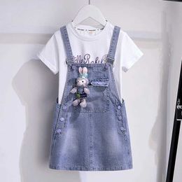 Clothing Sets 3-15Y Children's Dress Set Summer New Girls' Cartoon Short Sleeve T-shirt+Dress Teenage Girls' Clothing Set