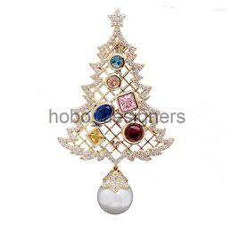 Brooches Brooches Christmas Tree Pearl Brooch Cubic Zirconias Pins Jewelry Colorful Rhinestone for Women Gift Coat Jwellery X0814