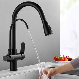 Matte Black Pure Water Kitchen Faucet Dual Handle Hot and Cold Drinking Water Pull Out Kitchen Mixer Taps