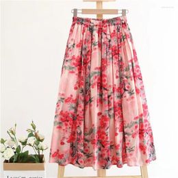 Skirts Spring Summer Elastic Waist Loose Printing Medium Length Floral A-line Skirt Elegant Fashion Women Clothing