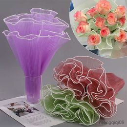 Gift Wrap 4m Handmade Mesh Pearl Edge Flower Wrapping Mesh Yarn Packag Lace Paper Bouquet Roll Wave Yarn Wedding Party Florist Packaging R230814