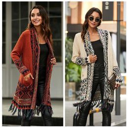 Women's Knits Lugentolo Fringed Retro Knit Cardigan Sweater Women Bohemian Loose Autumn/Winter Long Jacket Steetwear Fashion Sweaters