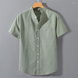 Men's Casual Shirts Summer Linen Men Solid Colour Short Sleeve O-neck Fashion Pocket Green White