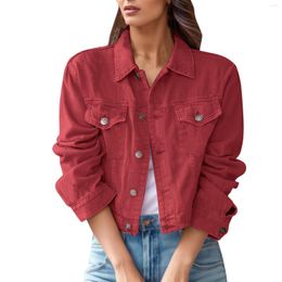 Women's Jackets Pink Red Denim Jacket For Women 2023 Autumn Loose Buttons Turn Down Collar Long Sleeve Casual Vintage Cotton Crop Coats