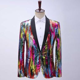 Men s Suits Blazers Shiny Rainbow Sequin Shawl Collar Suit Jacket Men Bling Glitter Nightclub Prom Blazer Male Stage Clothes for Singers 2XL 230814