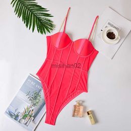 Women's Jumpsuits Rompers OMSJ 2020 New Fashion Club Party Metal Chain Neon Pink Lace Mesh Bodysuits Sexy High Street Women Backless Bodycon Slim Overalls HKD230814