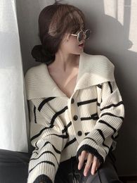 Women's Knits Women Autumn Winter Sailor Collar Striped Knitted Sweater Korean Long-Sleeved Sweet Student Preppy Style Black White Tops