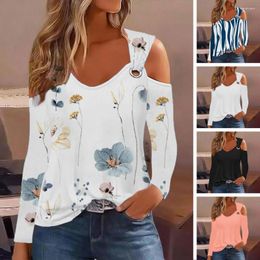 Women's Blouses Off-shoulder Top Metal Buckle V-neck Blouse Floral Striped Stylish Hoop Casual For Women Spring Fall