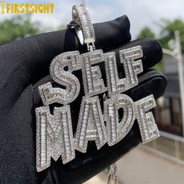 Pendant Necklaces Iced Out Bling Full 5A Zircon Letter Self Made Pendant Necklace Rectangle CZ Cursive Charm Men Fashion Hiphop Jewellery 230814