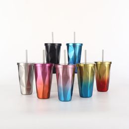 16oz Stainless Steel Tumbler with Lid and Straw Iced Coffee Travel Mug Diamond Shaped Bottle with Silicone Nipple Double Wall Smoothie Cups