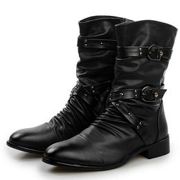 Boots Men s Leather High Quality Biker Black Punk Rock Shoe s Tall Size 38 48 230814