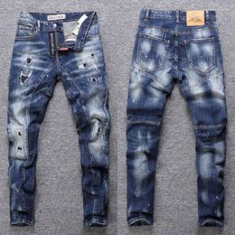 Men's Jeans Street Fashion Men Retro Blue Slim Fit Spliced Designer Biker Homme Hip Hop Hole Ripped Pants Vintage Trousers