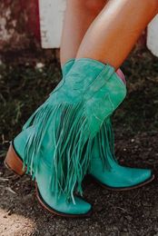 Boots Cowgirls Cowboy Boots For Women Fringe Love Pattern Chunky Heels Pointed Toe Western Boots Slip On Shoes Female plus size 45 230812