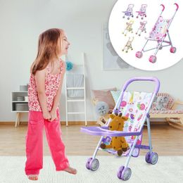 Doll Accessories Kid Stroller Pretend Play Toys With Bottom Basket Simulation Baby Doll Light Stroller Foldable Carriage Year Birthday Gifts 230812