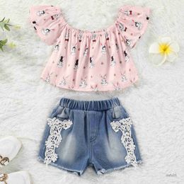 Clothing Sets Lioraitiin 1-6Years Toddler Baby Girl 2Pcs Summer Fashion Clothing Set Short Sleeve Pink Easter Shirt Lace Denim Shorts R230814