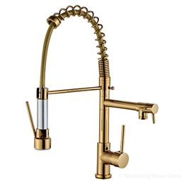 All-copper High-pressure Pull-out Spring Faucet Kitchen Double-outlet Faucet Sink Golden Faucet Kitchen Sink Faucet