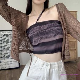 Women's Jackets Women Spring V-Neck Lace-Up Front Long Sleeve Cardigan Crop Top Hollow Out See Through Fishnet Mesh Shirts Solid Colour