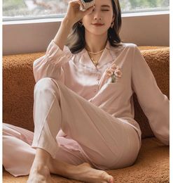 Women's Sleepwear Lapel Spring Women Pajamas Set Loungewear Casual Rayon 2PCS Shirt&pant Sleep Suit Female Elastic Waist Home Clothes