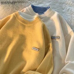 Men's Sweaters Autumn Men's Pullover Sweater Candy Colour Splice Work Fake 2 Piece Loose Knitted Top Couple Prep Fashion Street Clothing Jumper Z230814