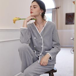 Women's Sleepwear 2PCS Women Fleece Pyjamas Sets Grey Double Breasted Suit Pyjamas Sexy V-Neck Nightwear Autumn Loose Home Clothes