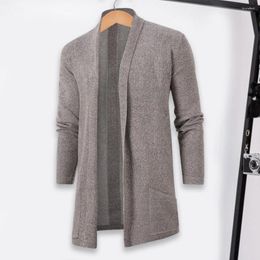 Men's Sweaters Solid Color Simple Cardigan Coat Men Autumn Lapel Long Sleeve Open Front Pockets Mid-length Knitting Outwear