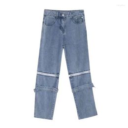 Women's Jeans Zipper Detachable Design Cargo Blue Street Style Chic Neutral Casual Pants Female Wide Leg Denim Trousers