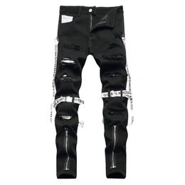 Men's Jeans Men Punk Zippers Black Jeans Trendy Streetwear Holes Ripped Denim Pants Ribbon Slim Straight Trousers 230812