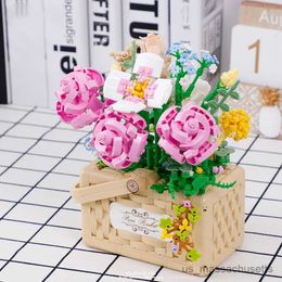 Blocks Mini Sunflower Rose Basket Flowers Bouquet Building Block DIY Flower Basket Home Decoration Girls Gifts Kids Toys R230814