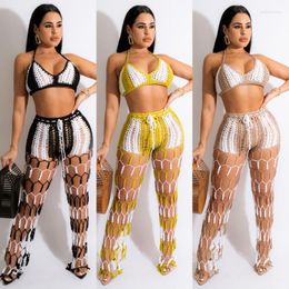 Women's Two Piece Pants Summer Colour Patchwork Knit Rib Sets Women Lace Up Beach Outfits Sexy Crochet Bra Crop Top Flare Party Club Suit